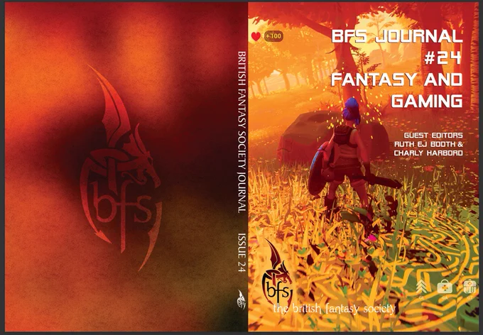 The cover of BFS Journal 24: Fantasy and Gaming edited by Ruth EJ Booth and Charly Harbord. A generic game character with sword and shield stands in an orange-lit forest, looking away from the viewer