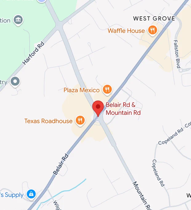 Map with pinpoint at Belair Rd & Mountain Rd