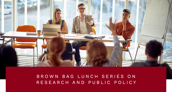 Poster for the Brown Bag Lunch Series on Research and Public Policy
Group of seated people interacting during 
 a seminar.