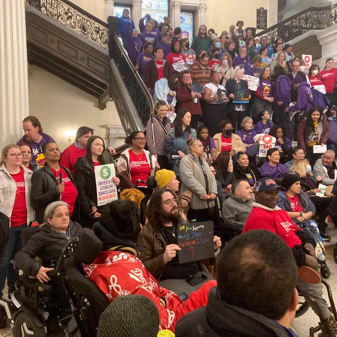 Photo: BCIL members, other disability advocates, PCAs and 1199SEIU staff after a protest against proposed cuts to the PCA program at the State House on March 20. This critical advocacy action—involving scores of immigrants—helped secure PCA services for thousands of people with disabilities and was a key highlight of the year for BCIL.