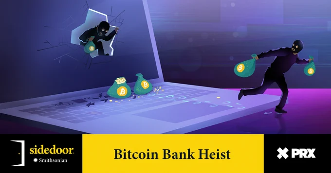 A dark, stylized illustration depicts a thief breaking through a computer screen. The thief is wearing a black mask and is holding a bag of Bitcoin. Another thief is running away from the computer, also carrying a bag of Bitcoin.
