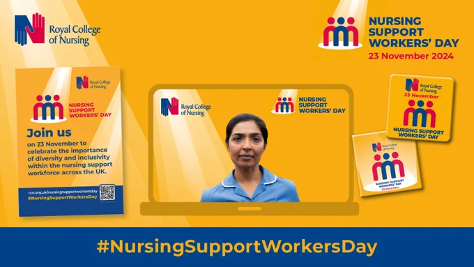 Promotional image for Nursing Support Workers' Day, November 23, 2024, featuring a healthcare professional in blue scrubs with posters and digital devices displaying Royal College of Nursing logos and event details. #NursingSupportWorkersDay