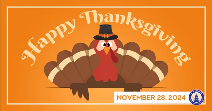 A cartoon turkey wearing a black hat. Text says Happy Thanksgiving. November 28, 2024.