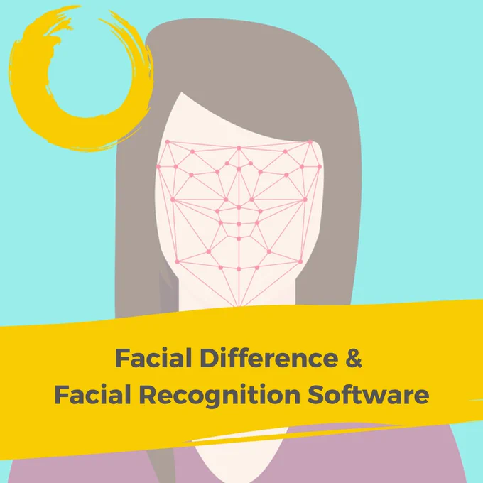 A graphic with a light blue background has a graphic of a person with long grey hair with a side fringe. Across their face are pink markers used for measuring facial recognition. Below their chin is a yellow brushstroke graphic with dark grey text. ' Facial Difference & Facial Recognition Software'. The person is wearing a light pink t-shirt. The FEI yellow brushstroke logo is in the top left of the image.