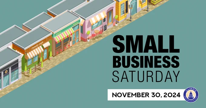 An illustrated street of small businesses with text that says Small Business Saturday. November 30, 2024.