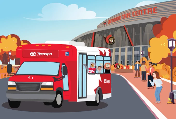 Para Transpo bus parked in front of the Canadian Tire Centre with surrounding fans cheering.