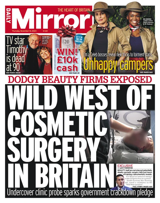Thursday's front page: Wild West of cosmetic surgery in Britain 
https://www.mirror.co.uk/news/uk-news/uks-wild-west-beauty-shops-34103450 #TomorrowsPapersToday 