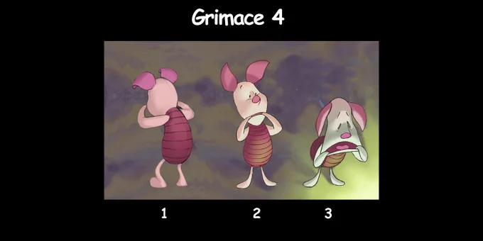 Description :  Piglet distorts his face by pulling down the corners of his mouth. His ears hang down and he becomes very pale.  

Visual atmosphere : The set atmosphere is softened and a greenish light coming from below lights up the face of Piglet.