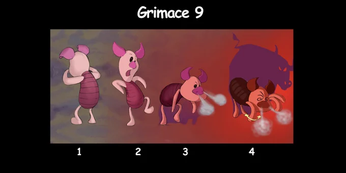 Description : Piglet turns round. He rapidly turns into a buffalo appearance and starts to scratch the ground, as if he were preparing himself to charge. While he scratches the ground, he grows ( his shadow too ) and becomes very imposing ! 

Visual atmosphere : A red light is linked to the growth of Piglet. 
There is smoke each time Piglet scratches and blows. 

Sound atmosphere : The blowing of Piglet is exaggerated ( a steam locomotive sound effect ). Spanish musical atmosphere.