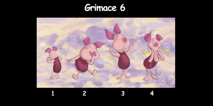 Description : Piglet puts his hand over his nose and blows several times : his head gets bigger and bigger. Then, he bangs his cheeks and makes his head burst like a balloon. 

Visual atmosphere : No change. Just a white flash when the head of Piglet bursts.

Sound atmosphere : rising scale when Piglet gets bigger and a violent sound of explosion (with reverberation).

