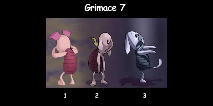 Description : Piglet makes the ghost. He turns round in the direction of his enemy, his mouth is wide open and his ears are hanging down. 

Visual atmosphere : The ambient is set to zero ( dark ). Only a blue shaded light coming from above lights up Piglet. There is a “haunted house” atmosphere.

Sound atmosphere : Piglet imitates a moaning ghost with a horror musical theme.
