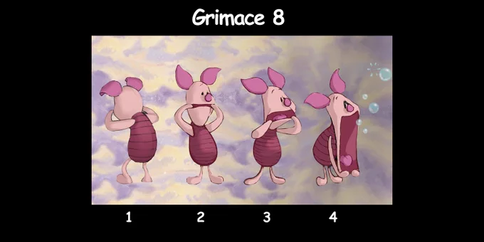 Description : Piglet pulls his mouth and opens it as much as he can. Soap bubbles come out from his mouth and explode like firecrackers. 

Visual atmosphere : When Piglet makes this grimace, the camera advances toward him and zoom out at the same time. This way, the depth of field is distorted which creates a strange feeling (often used in the movies). There will be a shake camera each time a bubble explodes. 

Sound atmosphere : Piglet says « WWWAAaaaa », his mouth is wide open. 
Cartoon sound effects when the bubbles come out from the mouth of Piglet and sound of firecrackers when they explode.
