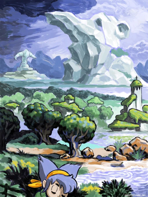 Jemma slumbers at the bottom edge of a tall canvas depicting a strange landscape. Swirling lakes, darkening trees, moss-roofed buildings, trundling clouds and a big mountain what shaped like elephant