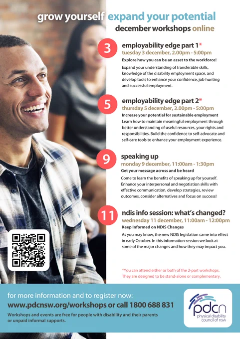 Workshop flyer shows young male workshop attendee on left smiling at unseen speak, young female workshop attendee seated in background. All text is included in the post text.