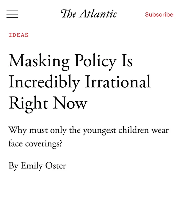 Masking Policy Is Incredibly Irrational
Right Now
Why must only the youngest children wear face coverings?
By Emily Oster