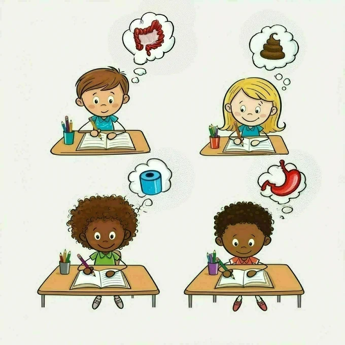 Four stick-figure children sitting at desks in a classroom. Each child has a pencil and an open notebook. There is a thought bubble coming out of their heads. Each thought bubble has one of the following: toilet paper, poop, a colon, and a stomach. in each thou