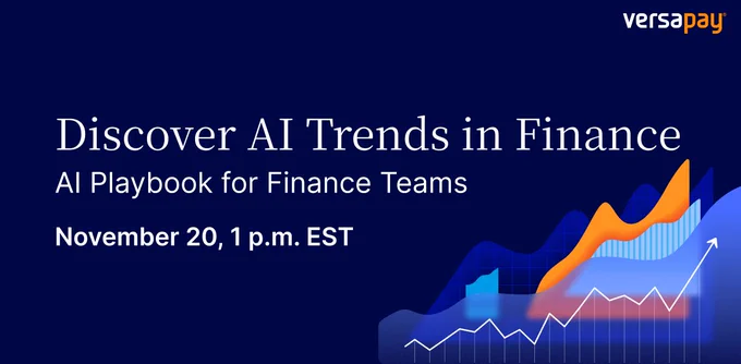 Promotional banner for Versapay event titled 'Discover AI Trends in Finance', scheduled for November 20 at 1 p.m. EST. The graphic includes a rising trend line chart against a dark blue background.