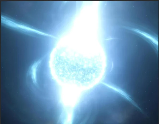 A depiction of the swirling, blue light of a neutron star.