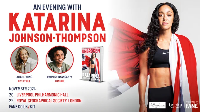 Promotional poster for an event titled 'An Evening with Katarina Johnson-Thompson' featuring the athlete draped in a British flag, with event dates and locations listed, and a book cover titled 'Unbroken' displayed in the corner.