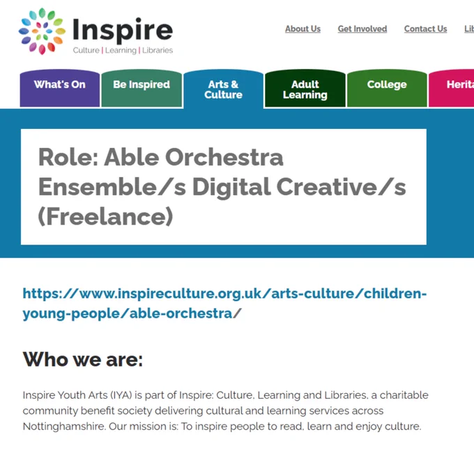 A screenshot of Inpsire Arts website with a job role advertised for Digital Creative