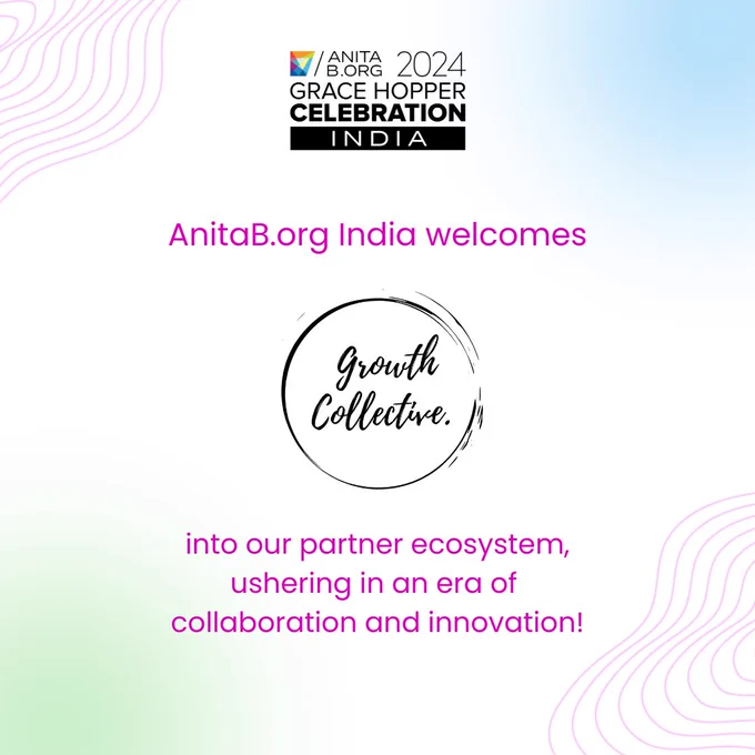 Graphic welcoming 'Growth Collective' into the GHCI 24 partner ecosystem. GHCI 24 logo and theme ‘Me   We’ highlight this collaborative mission for a more inclusive tech community.