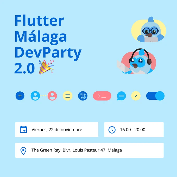 Cartel del evento Flutter Málaga DevParty 2.0 🎉, el 22 de noviembre en el Green Ray, Málaga