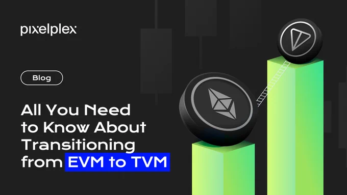 A blog banner titled "All You Need to Know About Transitioning from EVM to TVM" with an illustration of Ethereum and TON symbols on columns connected by a ladder, symbolizing the transition between the two virtual machines. The PixelPlex logo is present in the top left corner.
