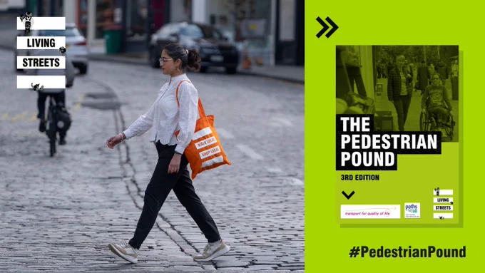 A split image of a woman walking across a street with a bag that reads Walk Local, Shop Local. Alongside an image of the front cover of the Pedestrian Pound.