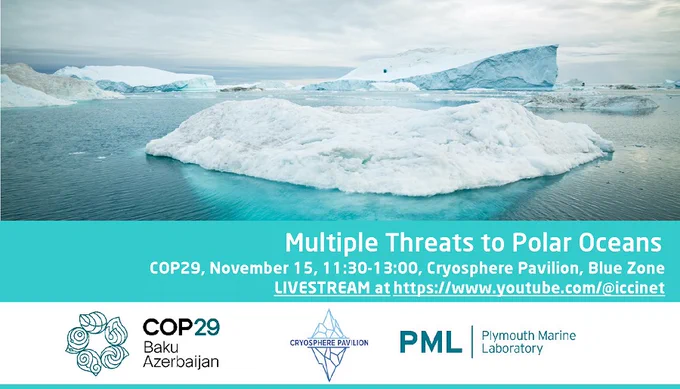 #COP29: Join in-person or online! ‘Polar Oceans: the Triple Threat of Acidification, Warming and Freshening’ ❄️ The Arctic and Southern Oceans are crucial components of the Earth system. Their unique ecosystems are under serious threat from warming, acidification, freshening and ice loss. Polar oceans are already experiencing changes in chemistry, and continued warming is leading to range shifts, changes in food webs, ecosystems, fisheries, and climate regulation. This session highlights the latest scientific and discusses the wider societal and political impacts, while emphasizing the need to raise ambition for reducing emissions.