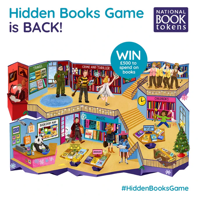 An illustration of this year's game. Text says: "Hidden Books Game is BACK!" and "Win £500 to spend on books".
