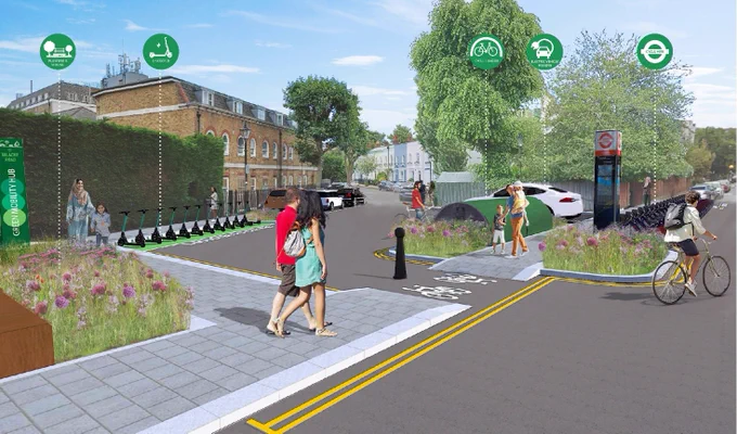 visualisation of a green mobility hub on Kelly Street with planting, scooter parking, bike hangar, electric vehicle charging and a cycle hire point. 