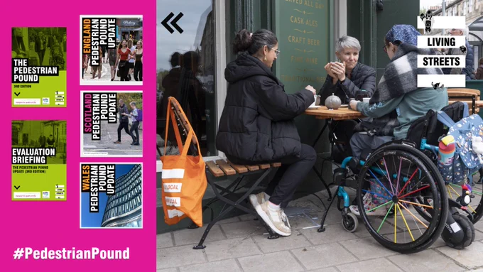 A split image of three people sat on a street café. Alongside an image of the front covers of the Pedestrian Pound supplementary documents. 