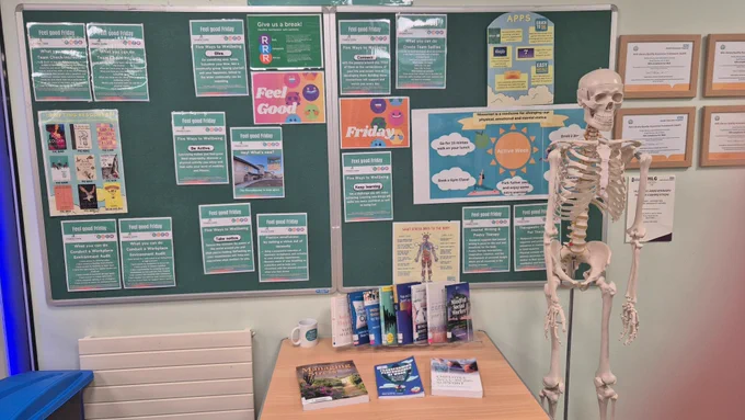 Manx Care Feel Good Friday display at Keyll Darree Library, Isle of Man's only health and social care library