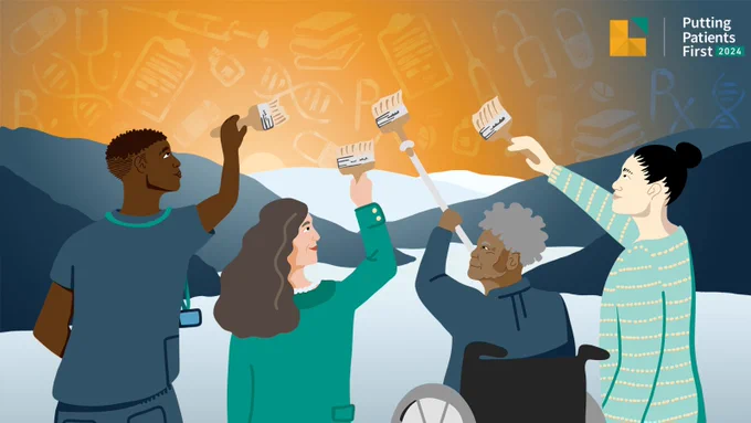 Illustration of four people painting a picture together. Behind them is a landscape of sky, mountains and water. The four painters are diverse in appearance, age and gender: one is wearing scrubs and a lanyard, one is wearing a blazer, one is seated in a wheelchair and using a white cane to paint, and one is wearing a striped sweater. The four people are painting health-related items in the sky, like stethoscopes, pills, prescriptions, DNA, books and crutches. The Putting Patients First 2024 logo is located on the right side of the image.