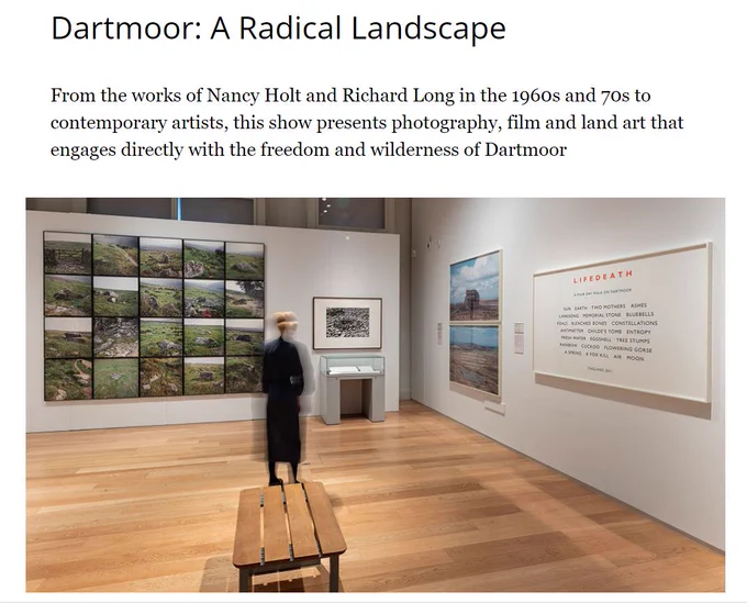 a screenshot from an article showing the headline and first paragraph of text, and a photo of a blurred woman standing in front of landscape photos in a gallery