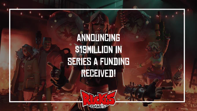 An in-game image of Ruckus Games debut unannounce title. There are three stylized characters standing amongst chaos and monsters in celebratory poses.