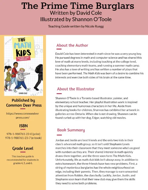 #Teachers and #Librarians!

Check out The Math Kids The Prime Time Burglars by David Cole and illustrated by Shannon O'Toole.

Teaching guide available here: https://www.commondeerpress.com/books-1/the-math-kids-the-prime-time-burglars

#TheMathKids  @The_Math_Kids  @shannonotoolea1 