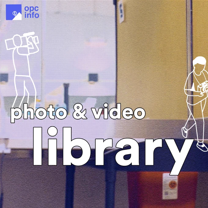 The opcinfo logo can be seen in the top left corner. The background is of a booth in an overdose prevention room. The text says photo and video library. There are two drawn figures in the picture; one of a camera man and one of a man walking with a camera on his neck.