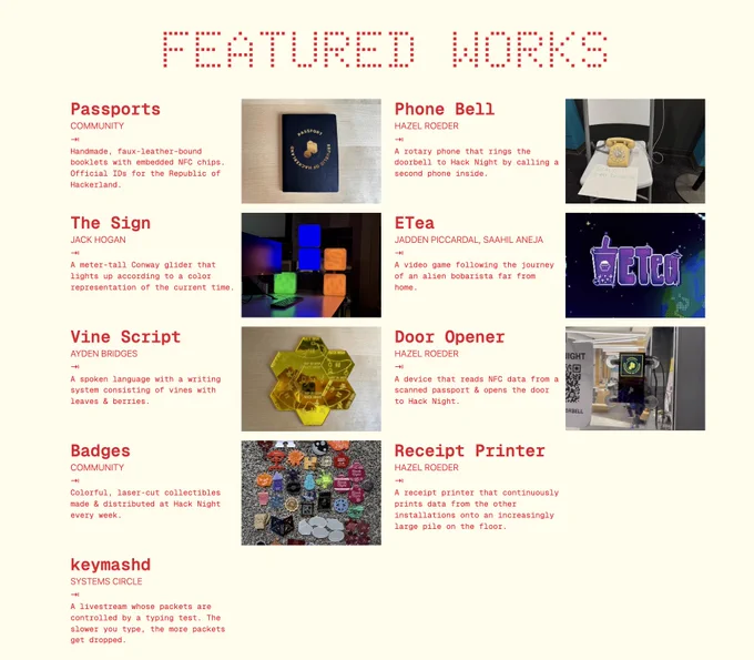 screenshot of burst website, featured works section: passports, phone bell, the sign, etea, vine script, door opener, badges, receipt printer, keymashd