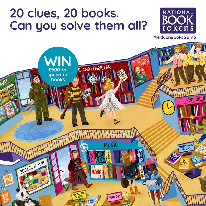An illustration of this year's game. Text says: "20 clues, 20 books. Can you solve them all?" and "Win £500 to spend on books".
