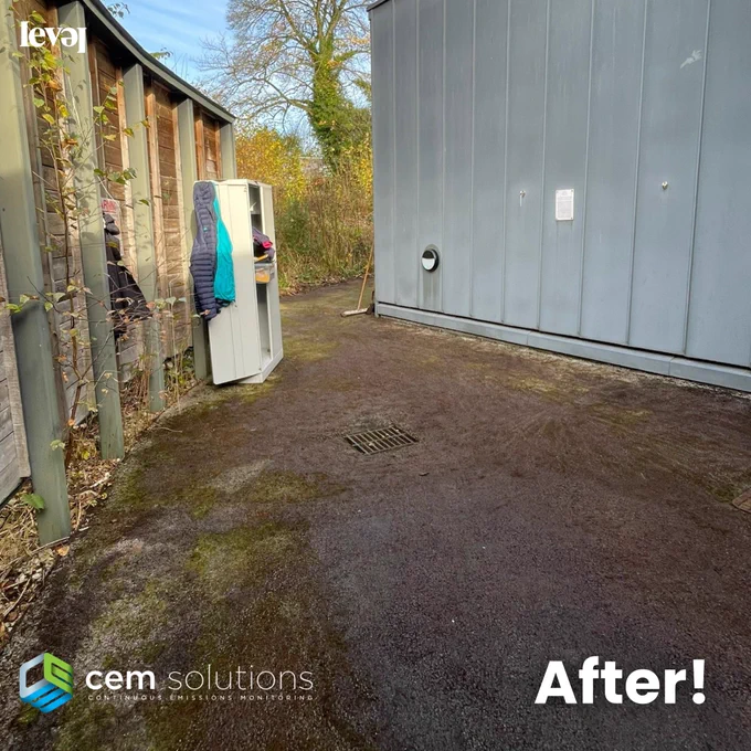 The same outdoor courtyard area as the previous picture but it is now clean and tidy and all the moss has gone. The CEM Solutions logo in green, blue and white sits at the bottom of the screen. White text reads After!
