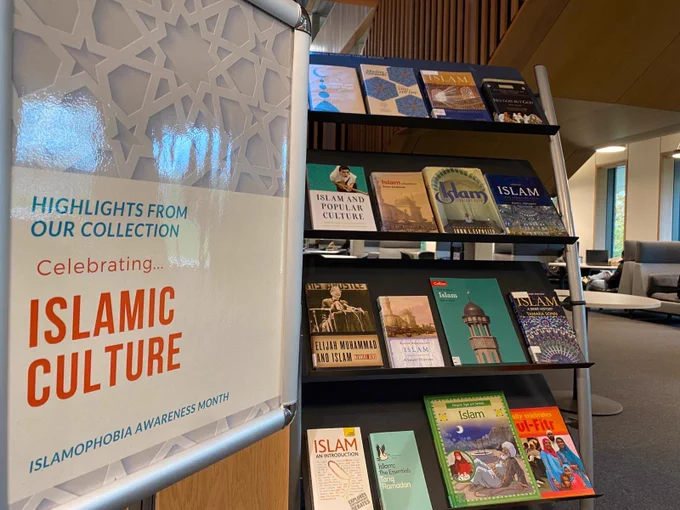 Image shows a book display celebrating Islamic culture