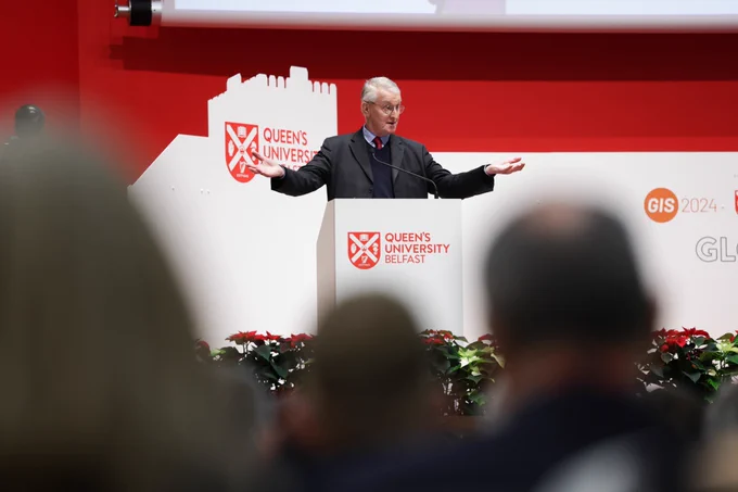 Secretary of State Hilary Benn addresses the Global Innovation Summit at Queen's University Belfast.