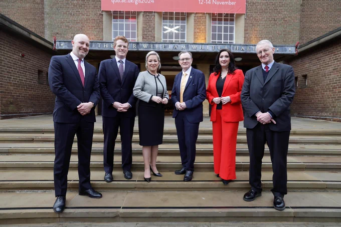 Secretary of State Hilary Benn at the Global Innovation Summit 2024, with (L-R) US Consul General in Belfast James Applegate, US Special Envoy to Northern Ireland for Economic Affairs Joe Kennedy III, First Minister Michelle O'Neill, President and Vice-Chancellor of Queen's University Professor Sir Ian Greer, and deputy First Minister Emma Little-Pengelly.  