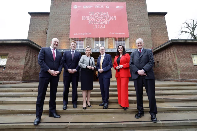 Secretary of State Hilary Benn at the Global Innovation Summit 2024, with (L-R) US Consul General in Belfast James Applegate, US Special Envoy to Northern Ireland for Economic Affairs Joe Kennedy III, First Minister Michelle O'Neill, President and Vice-Chancellor of Queen's University Professor Sir Ian Greer, and deputy First Minister Emma Little-Pengelly.  