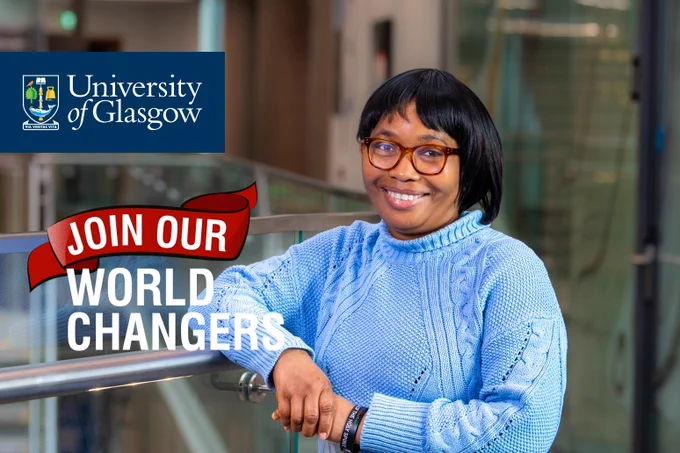 Image shows JMS Scholar Jovita Adegun standing with an elbow rested on a banister. She wears a light blue knitted turtle-neck jumper. There is a University of Glasgow banner and a graphic which reads: JOIN OUR WORLD CHANGERS.