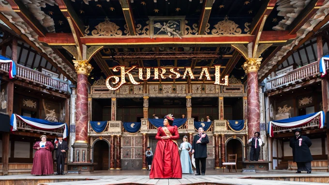 The Company of Princess Essex (2024). 

A group of actors stands on stage in the Globe Theatre. They all wear Edwardian costumes.

Photography by Helen Murray. 