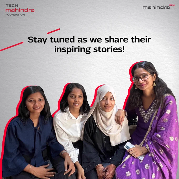 A group photo of four young women who have benefited from the skilling program with text that reads: Stay tuned as we share their inspiring stories!
