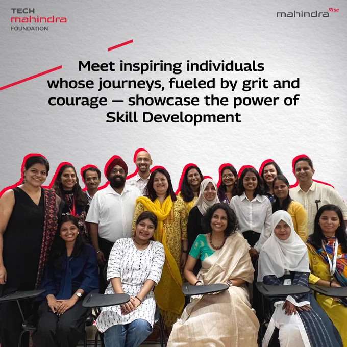 A group photo of team Mahindra with students and faculty members of the skilling program with text that reads: Meet inspiring individuals whose journeys, fueled by grit and courage, showcase the power of skill development.