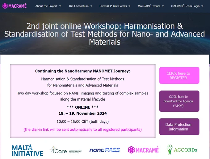 Screengrab of the event webpage: 2nd joint online Workshop: Harmonisation & Standardisation of Test Methods for Nano- and Advanced Materials.
